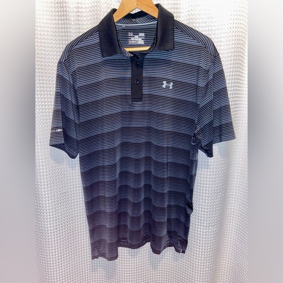 2/49$‎ Men’s Under Armour cold black striped black and gray polo size Large - Picture 1 of 8
